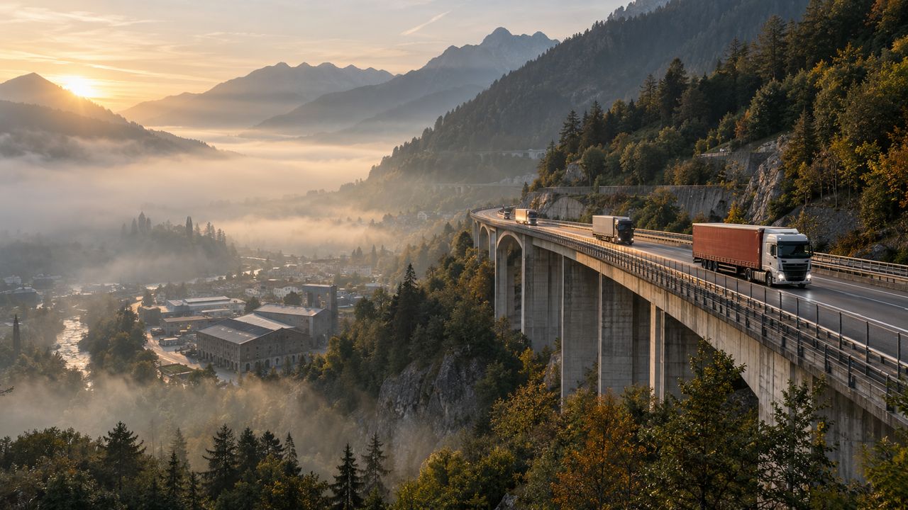 Camiones de grupaje cruzando un viaducto del norte de Italia al amanecer